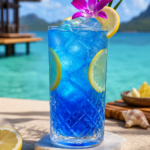 Blue Lagoon mocktail with lemon and ice
