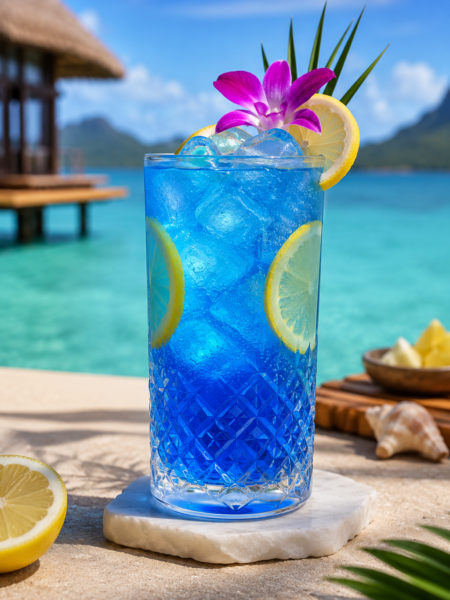 Blue Lagoon mocktail with lemon and ice