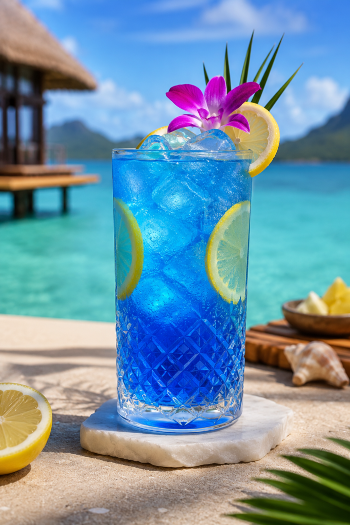 Blue Lagoon mocktail with lemon and ice