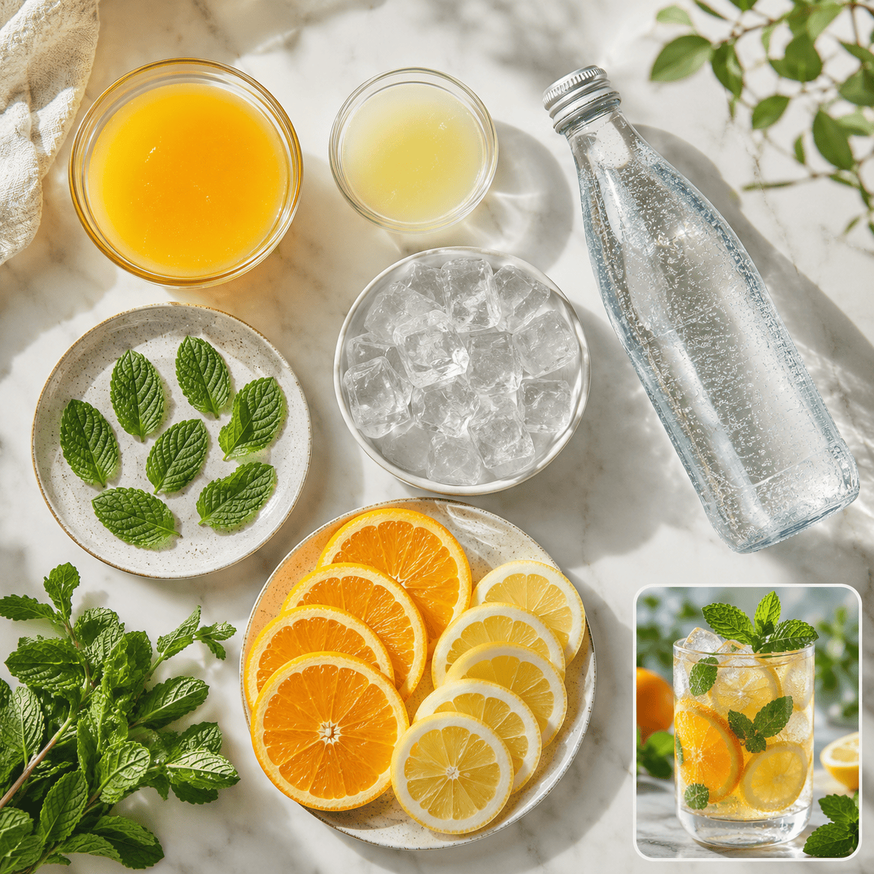 Citrus mint drink preparation flat-lay