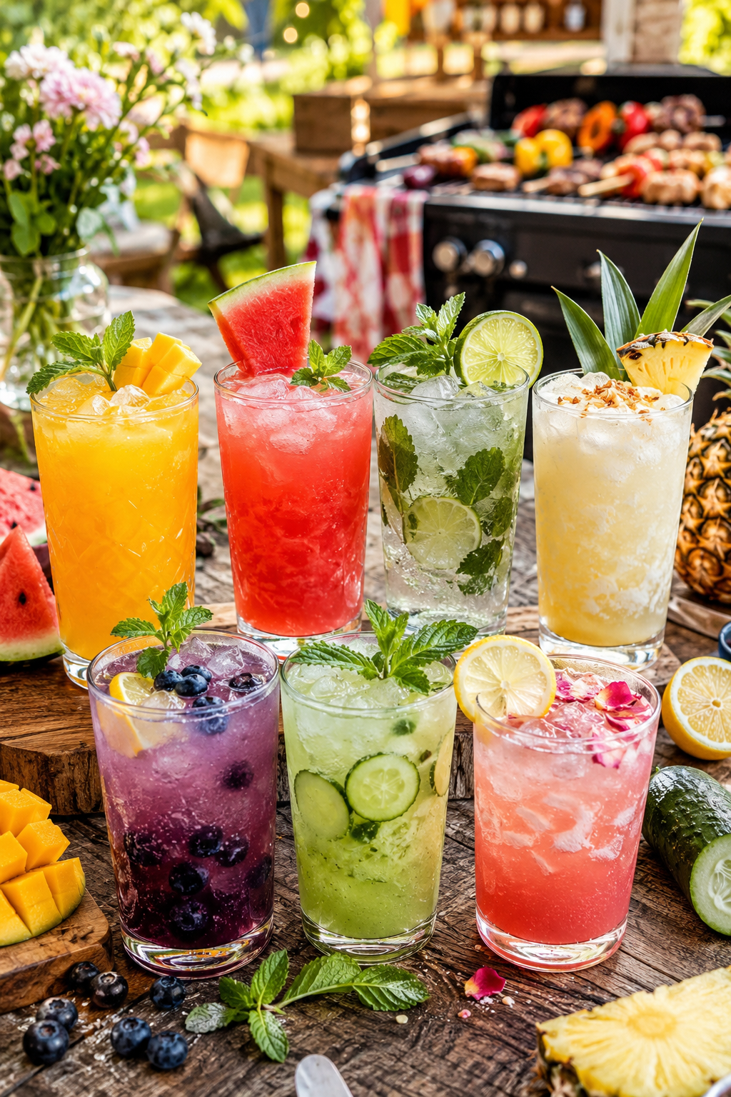 Elegant baby shower mocktail drink station with colorful non alcoholic drinks