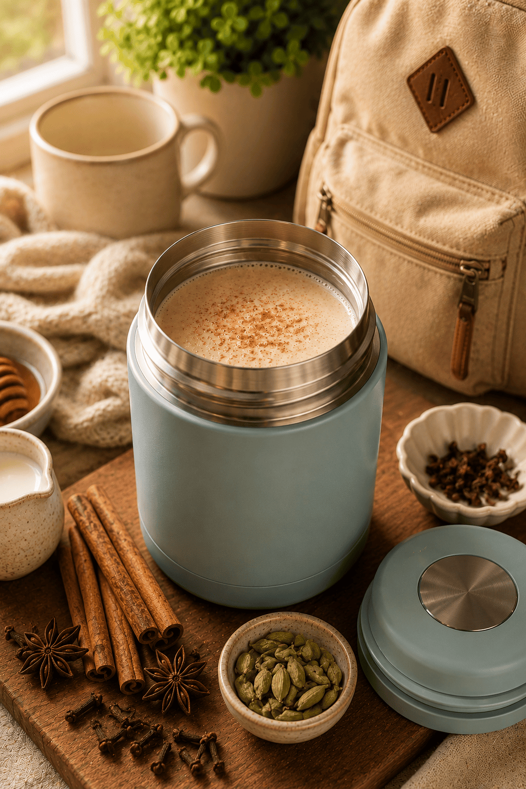 Warm caffeine-free chai spiced milk packed in a thermos