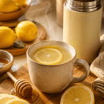 Warm honey lemon drink in a stainless steel school thermos beside fresh lemons