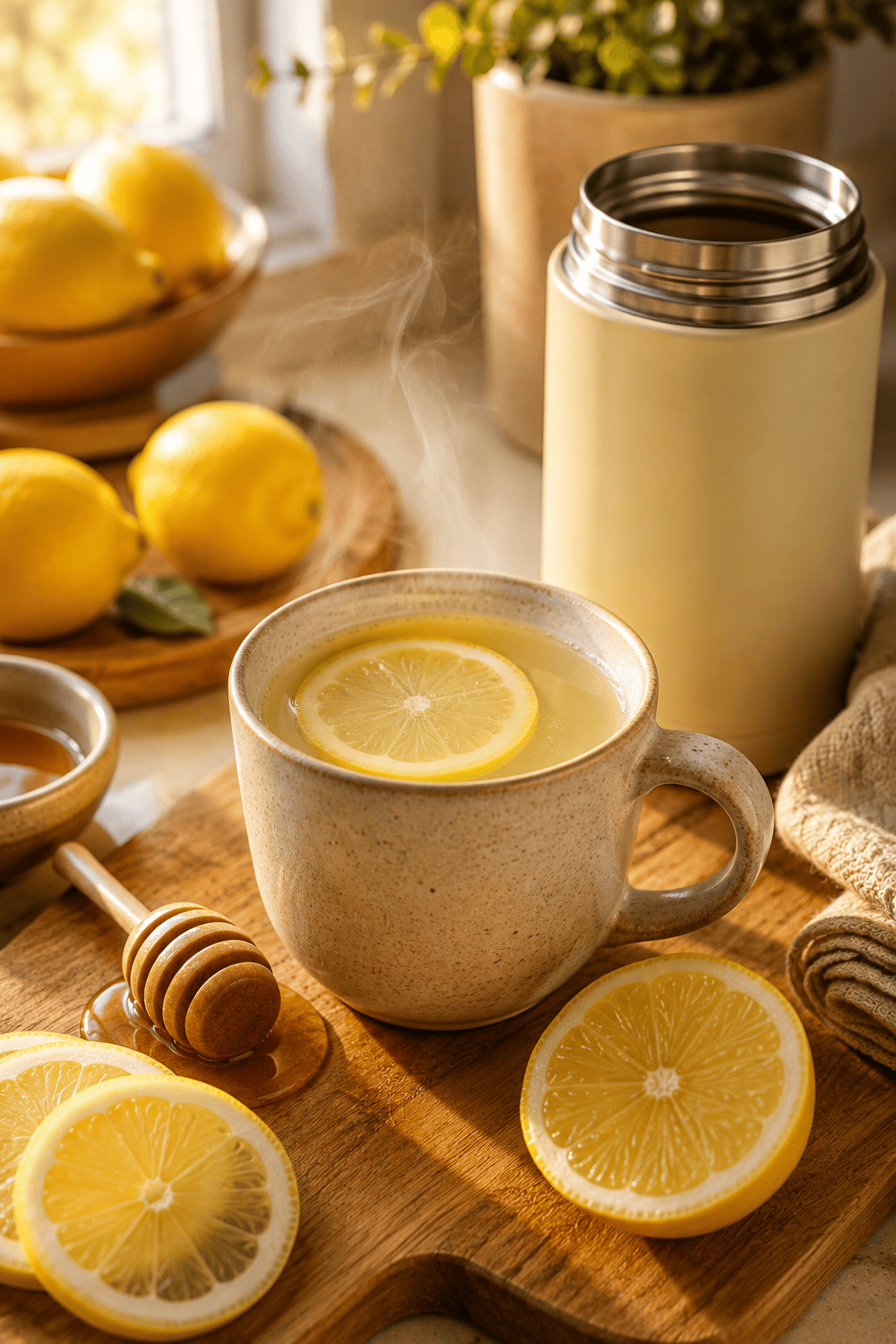 Warm honey lemon drink in a stainless steel school thermos beside fresh lemons