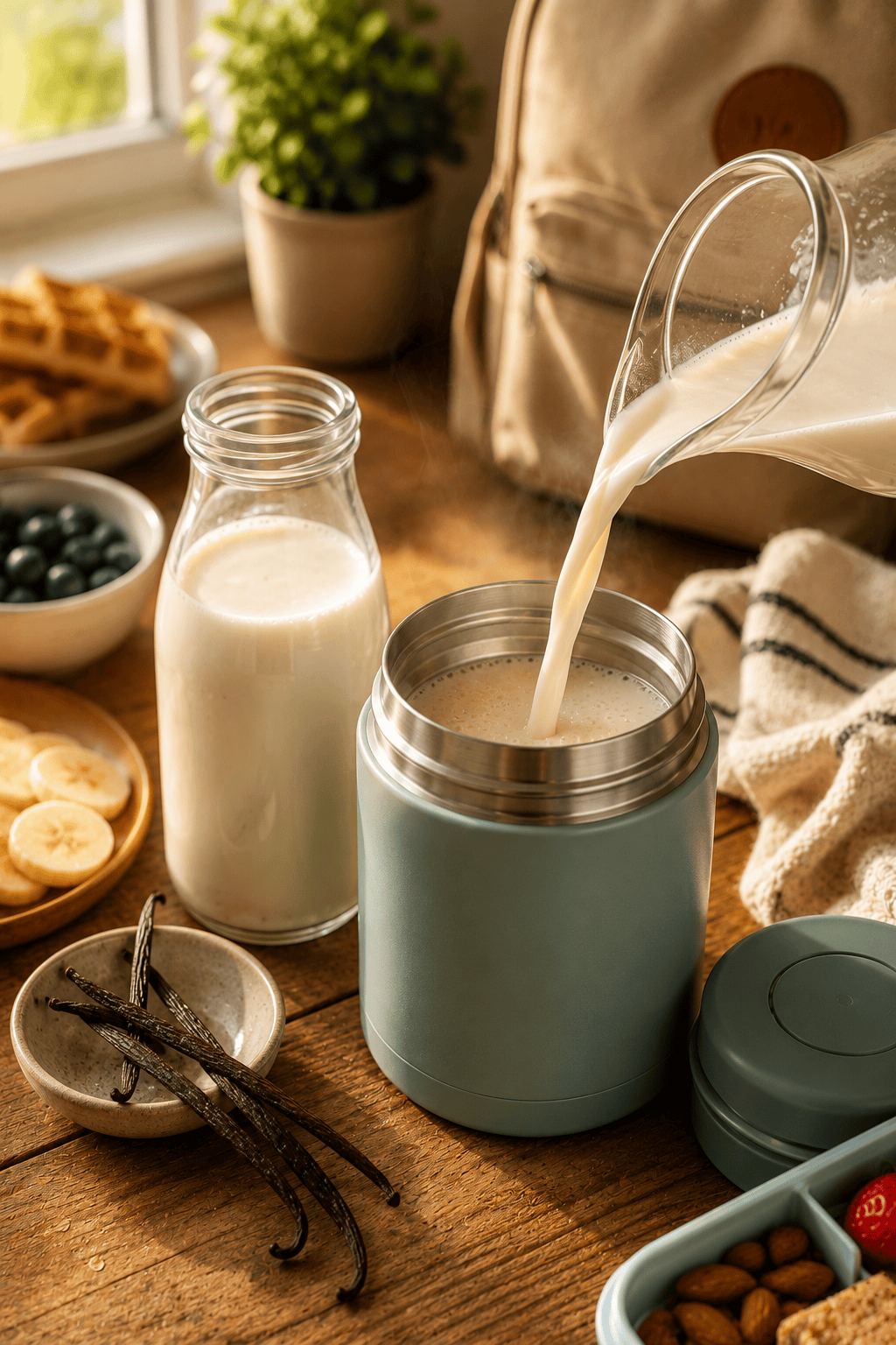 Vanilla warm milk packed in a school thermos