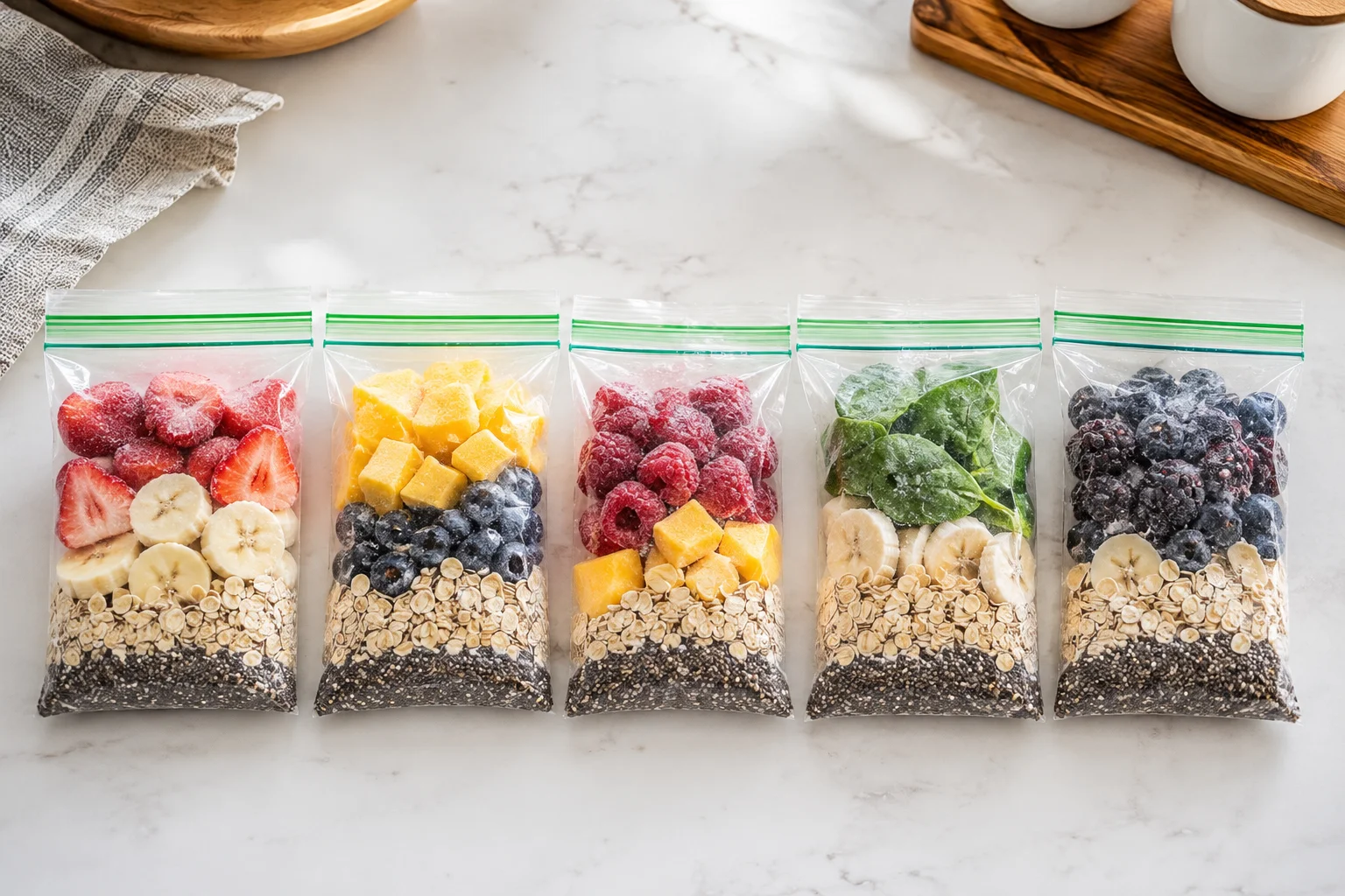 Five pre-portioned freezer bags of smoothie ingredients lined up in a row on a kitchen counter ready for the week