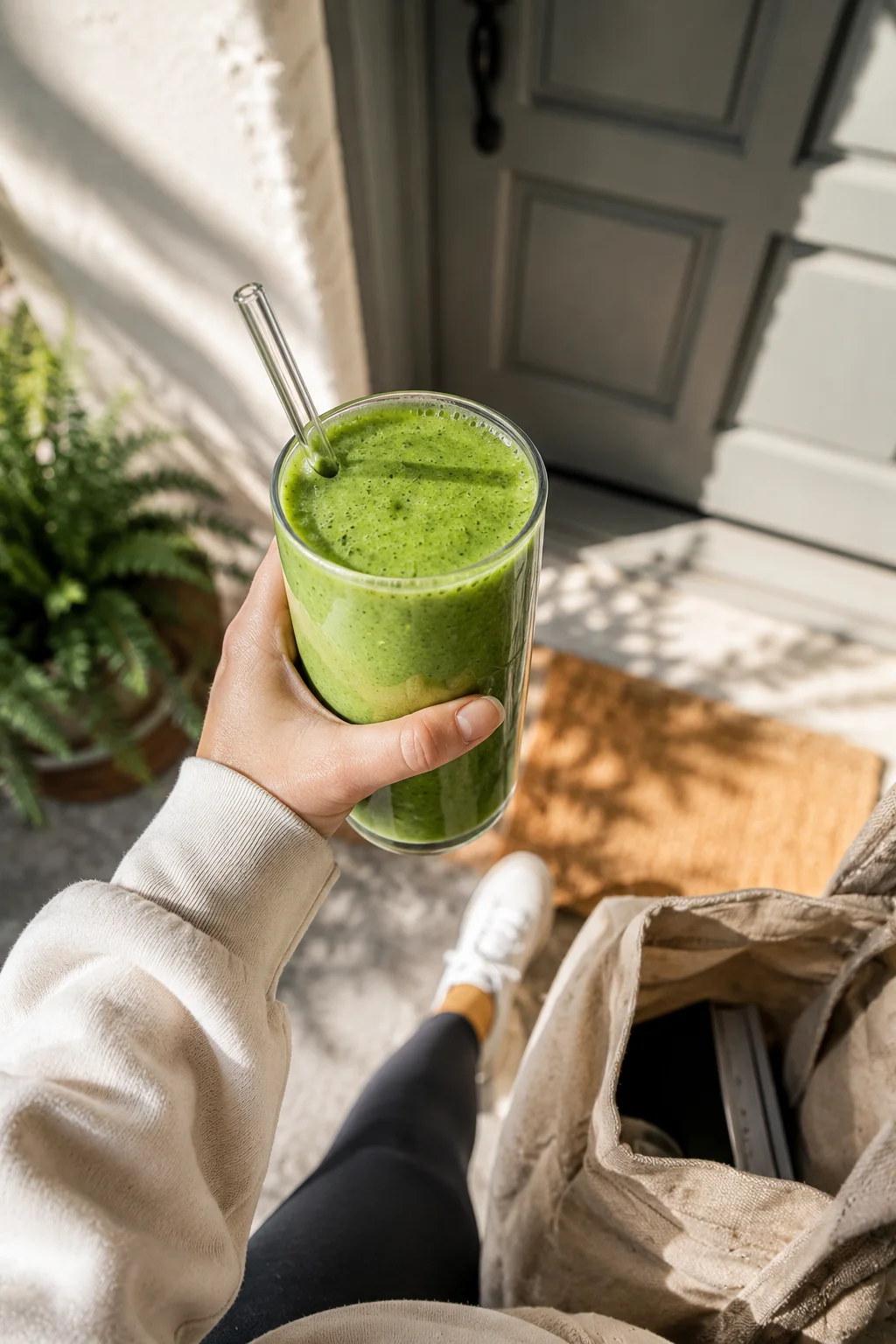 A hand holding a colorful protein smoothie walking out the door with a bag, representing a quick easy morning routine