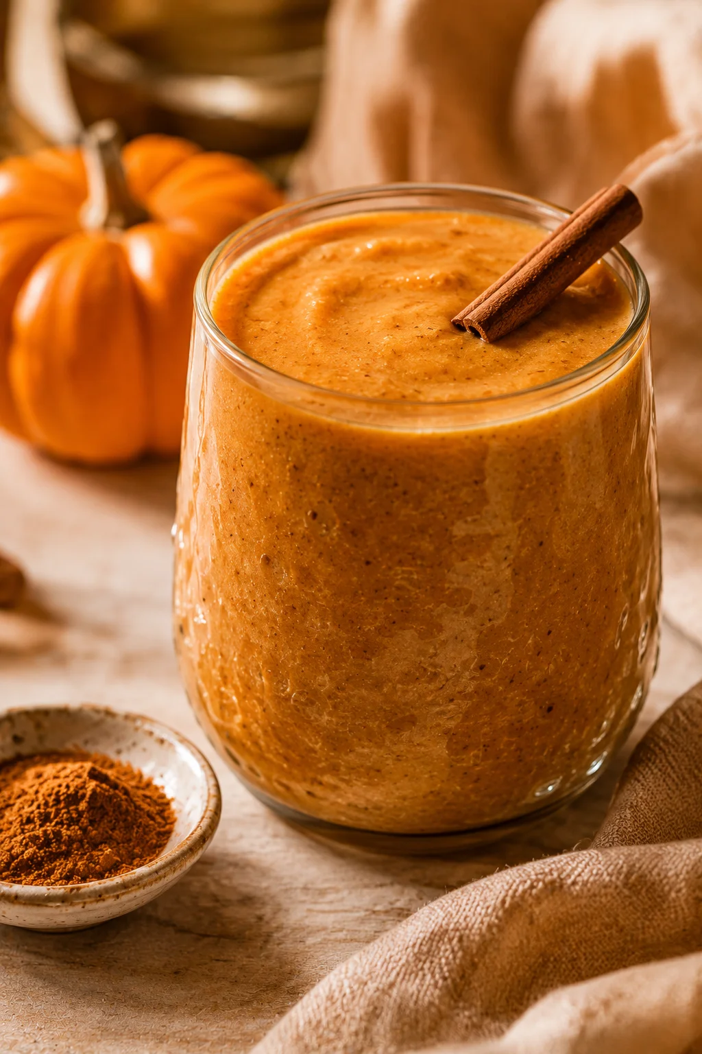 Warm orange pumpkin spice protein smoothie in a rustic glass with a cinnamon stick garnish