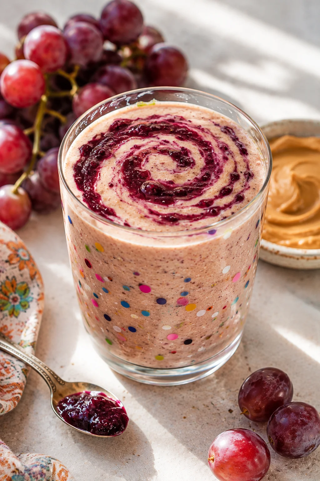 Creamy peanut butter and jelly protein smoothie with a swirl of jam on top