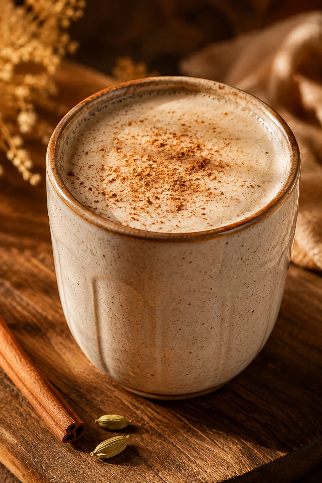 Creamy vanilla chai protein smoothie with a light dusting of cinnamon and a cinnamon stick garnish
