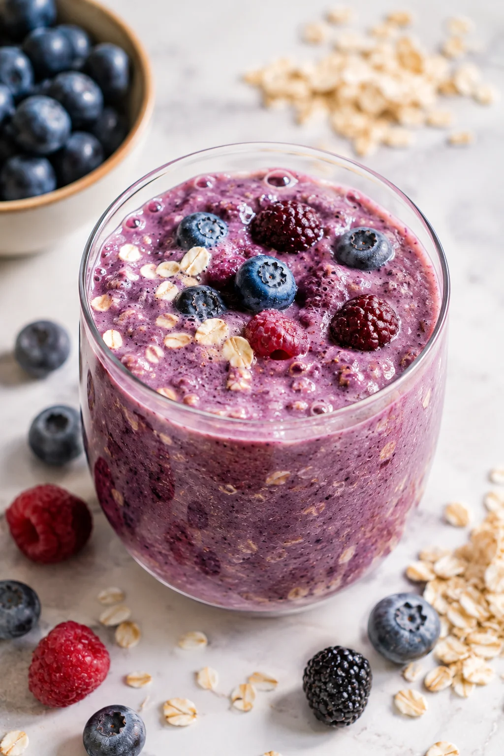 Thick mixed berry oat protein smoothie in a wide glass showing its hearty texture with oat flakes visible