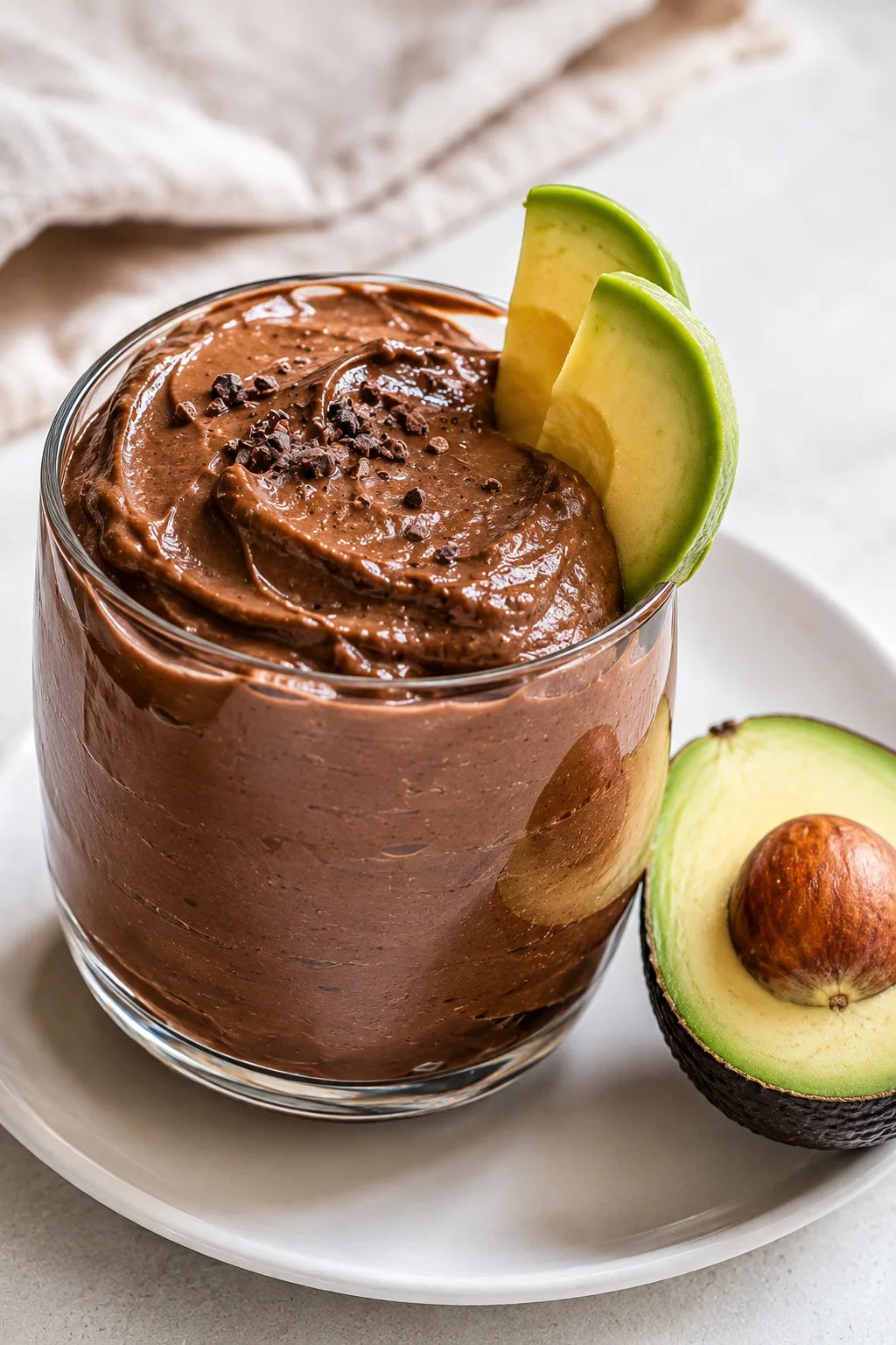 Ultra-creamy dark chocolate avocado protein smoothie in a glass with avocado slices beside it