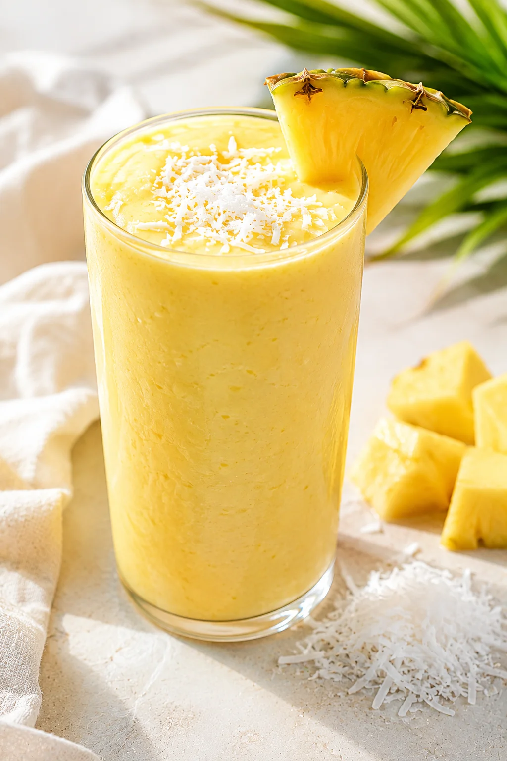 Bright yellow coconut pineapple protein smoothie topped with shredded coconut and a pineapple wedge