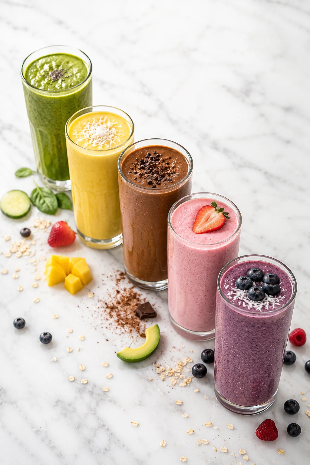 Flat lay of five different colored protein smoothies arranged in a row representing different flavor categories from green to chocolate to berry