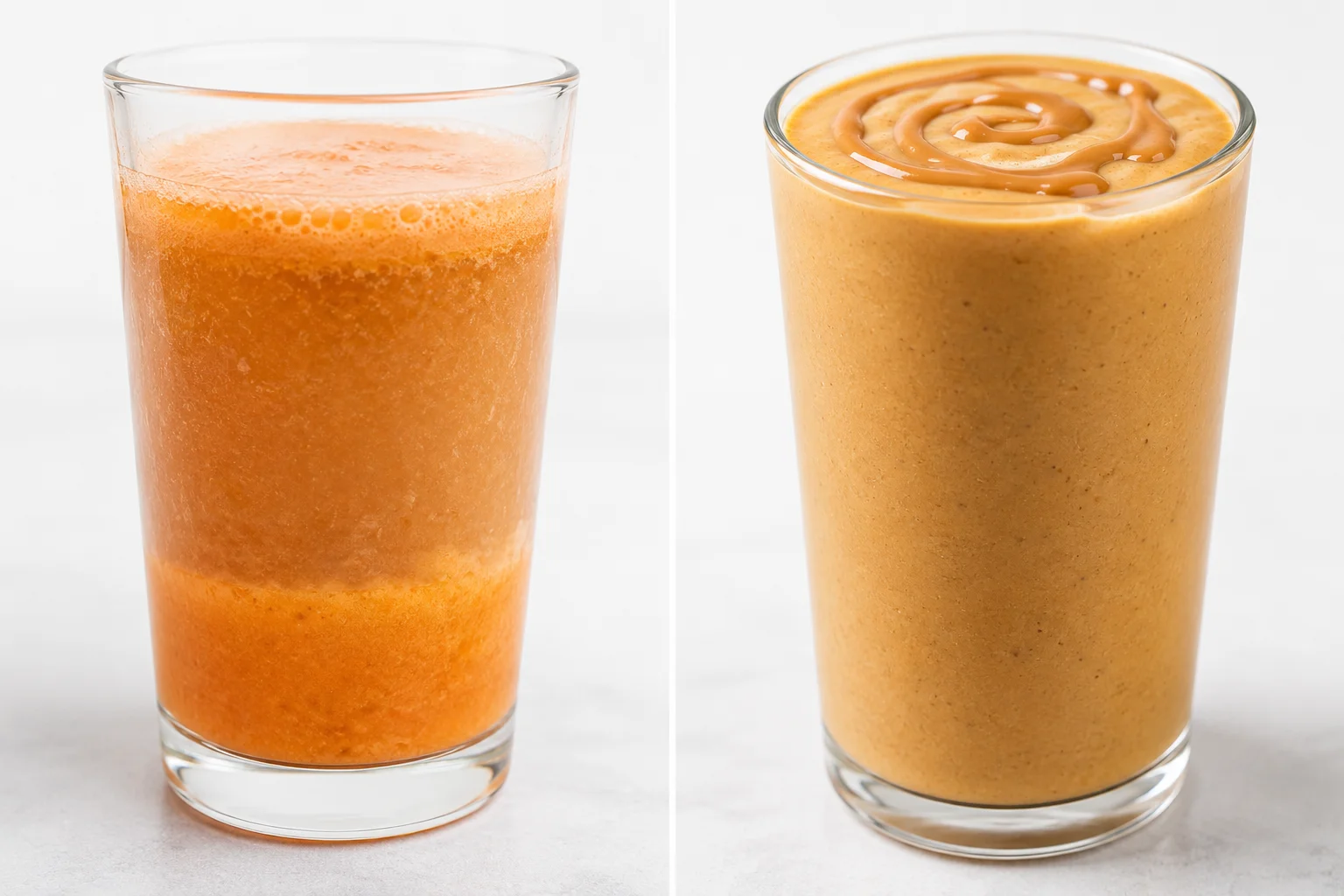 Visual showing a thin watery smoothie with too much fruit versus a properly balanced thick protein smoothie