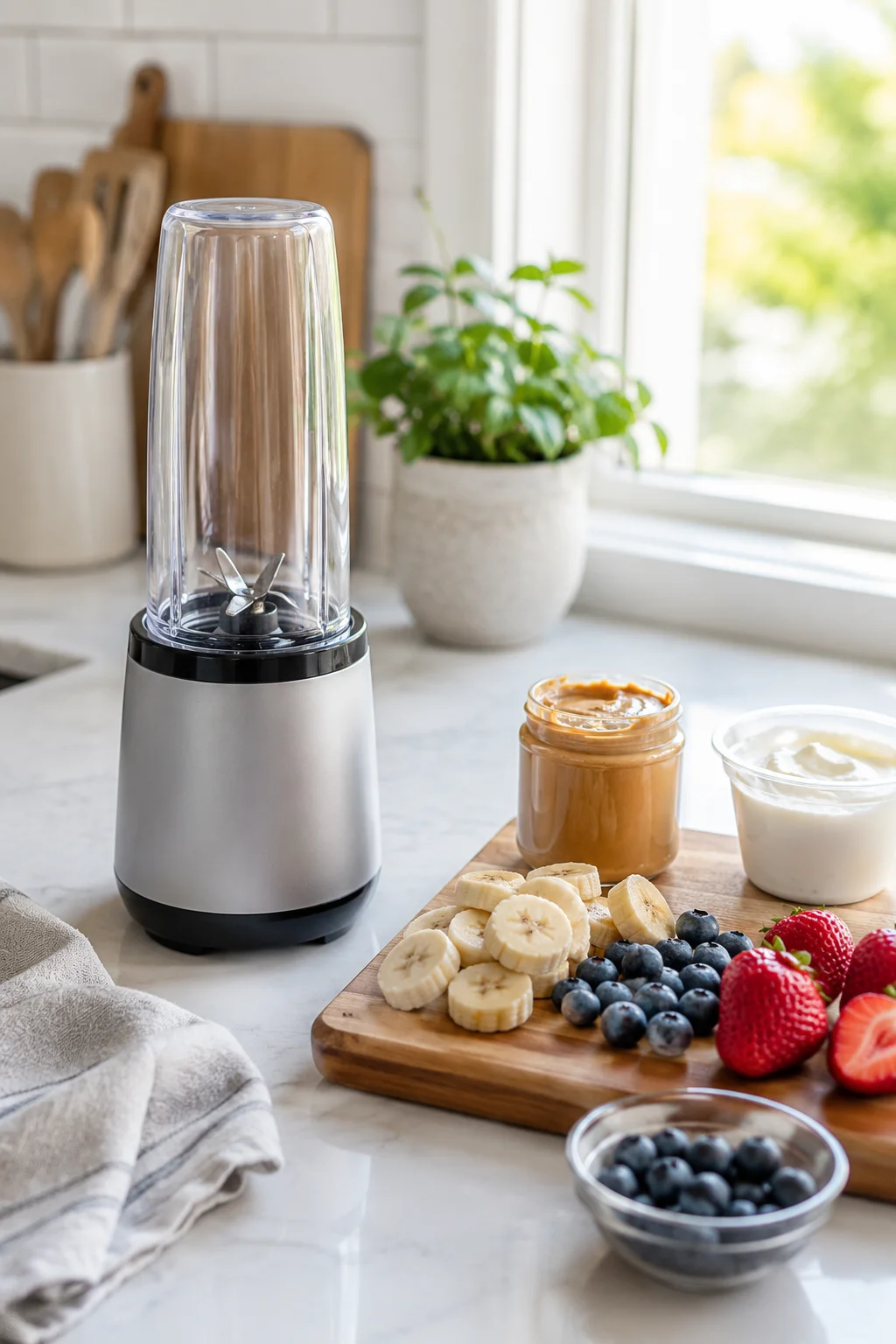 Personal blender on a kitchen counter with fresh smoothie ingredients ready for morning blending