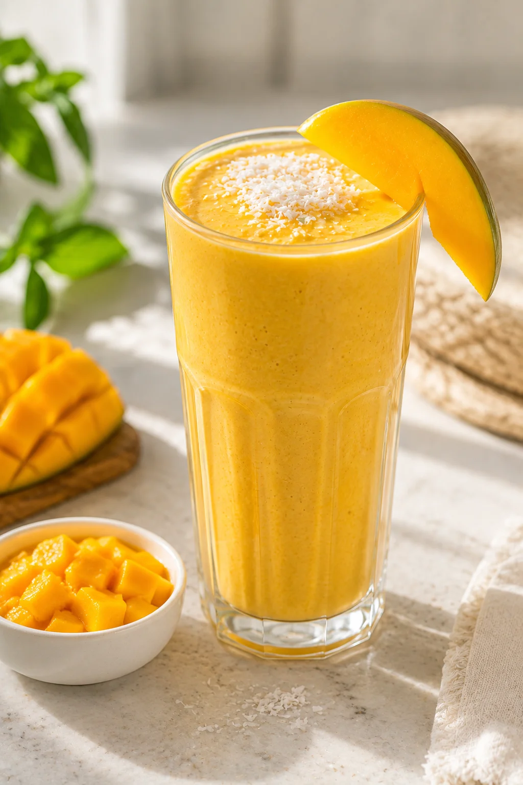 Bright golden mango coconut protein smoothie garnished with a thin mango slice and shredded coconut