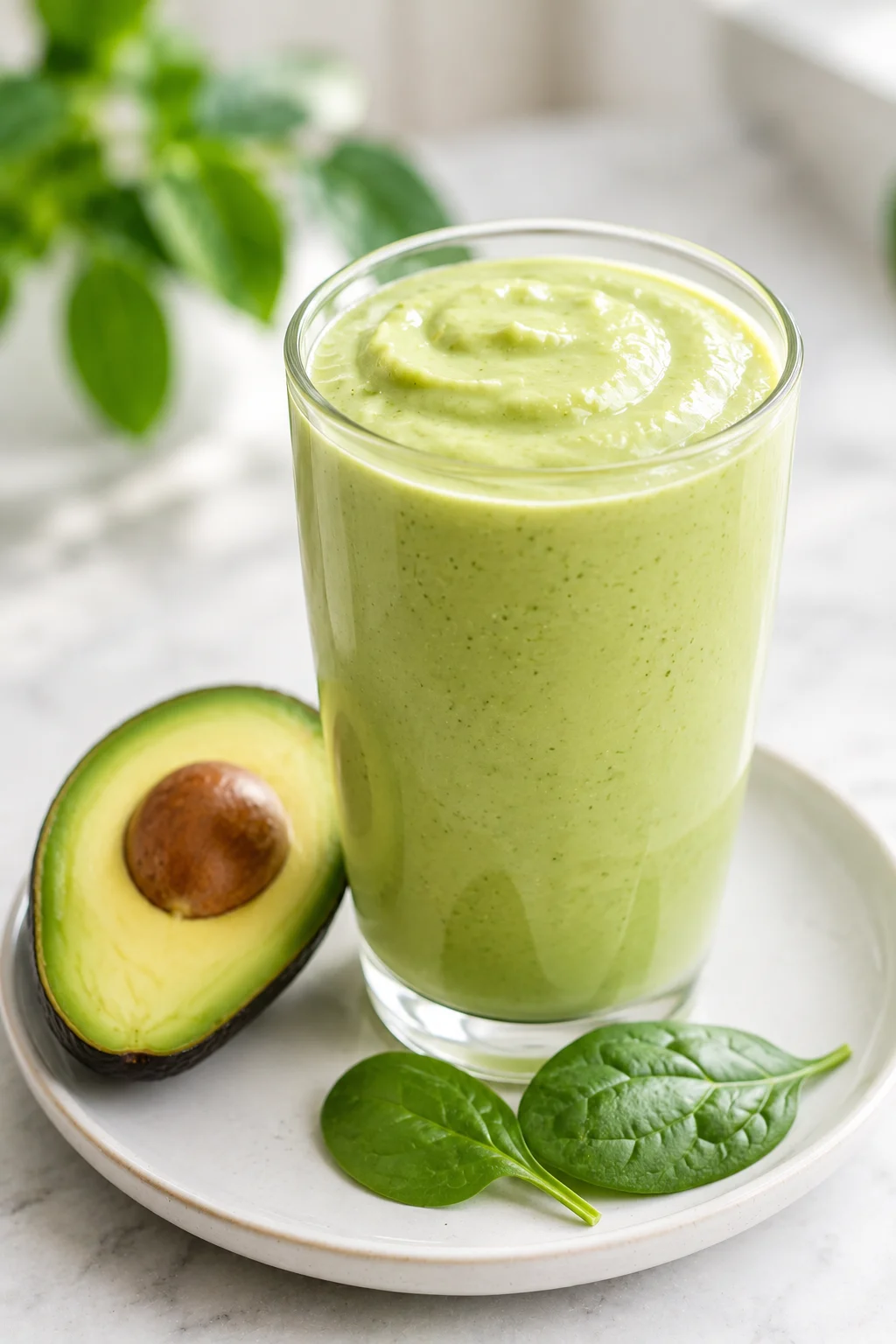 Creamy green spinach avocado protein smoothie in a glass with a halved avocado and fresh spinach leaves beside it