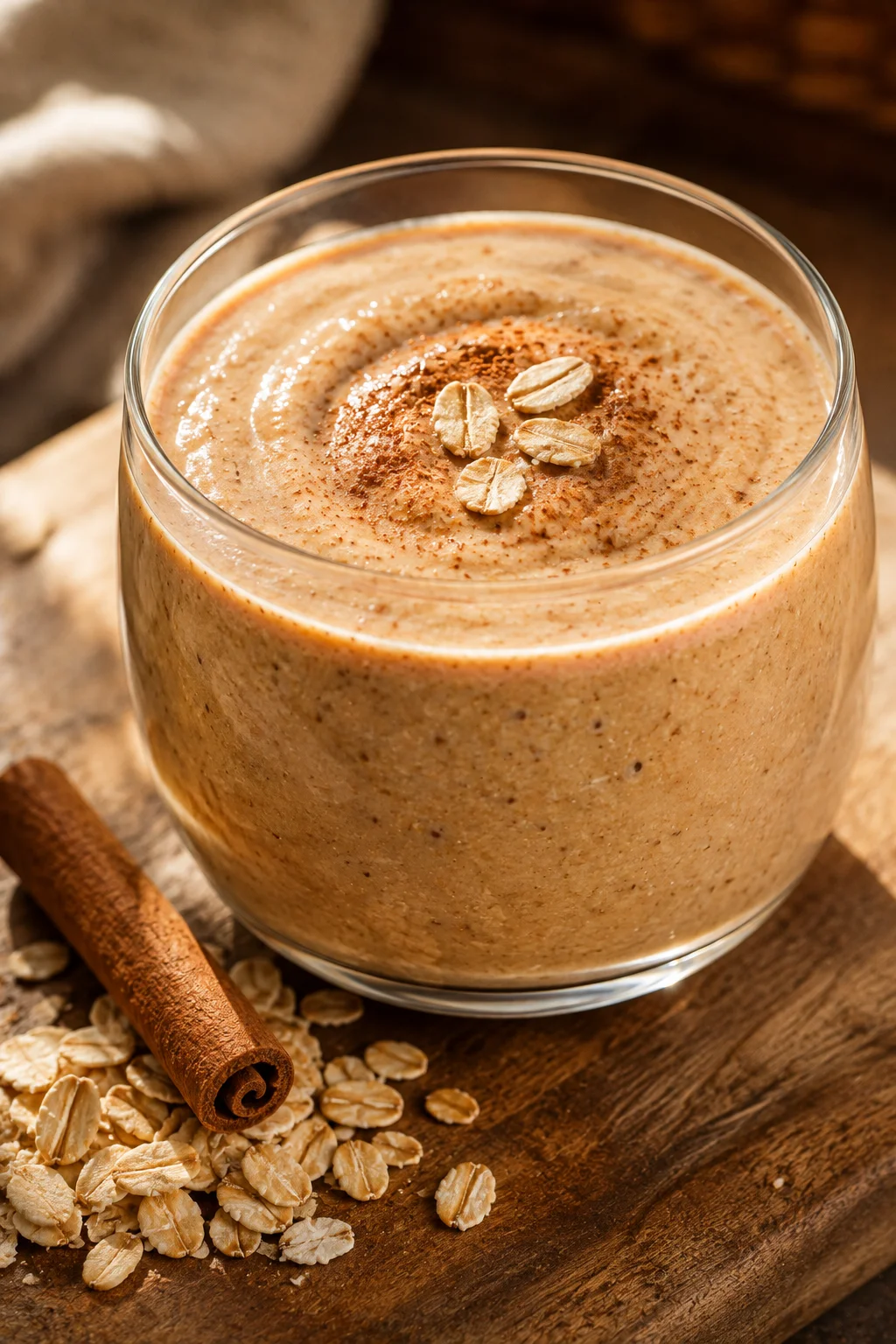 Thick creamy oatmeal cookie protein smoothie topped with a sprinkle of cinnamon and a few rolled oats