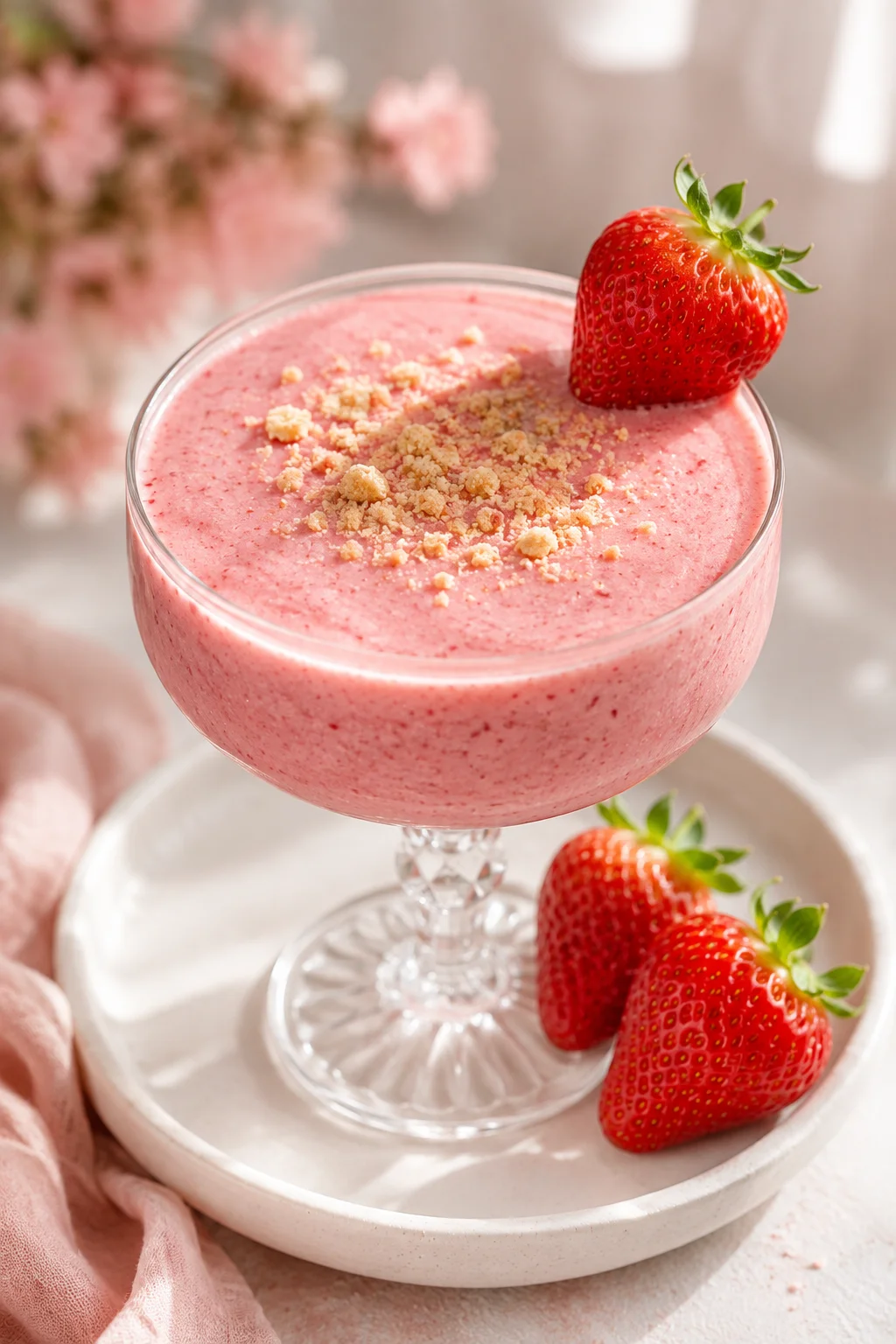 Pink strawberry cheesecake protein smoothie with a light graham cracker crumble on top and a fresh strawberry garnish