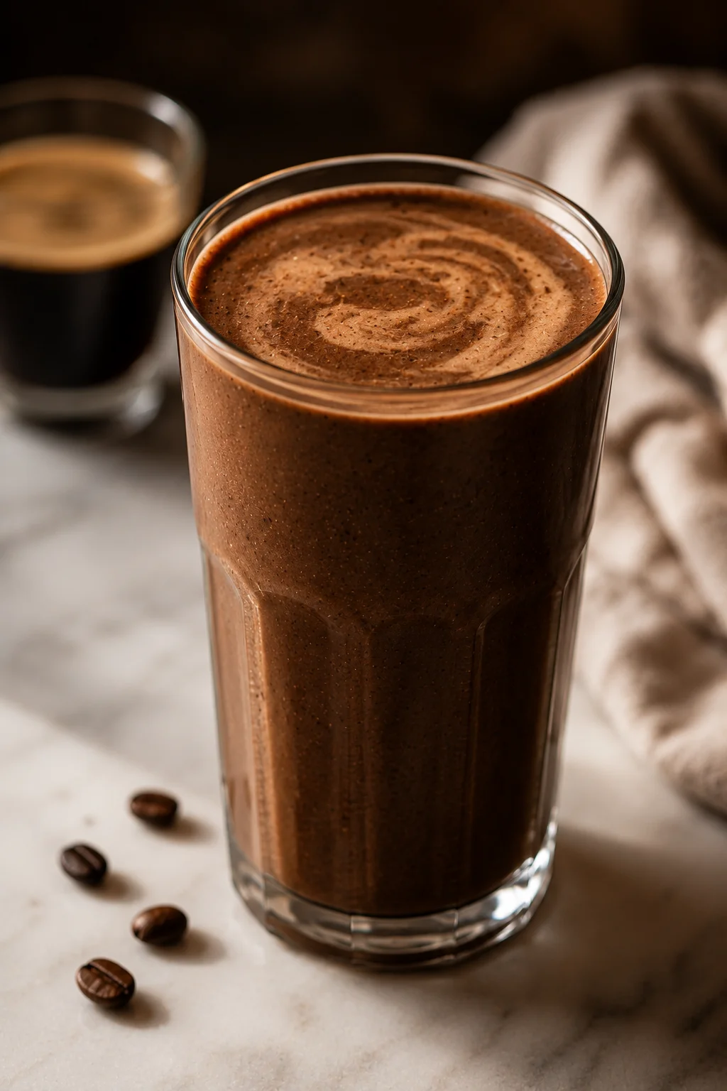Dark mocha-colored coffee banana protein smoothie in a glass with a few coffee beans scattered beside it