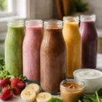 Colorful high protein breakfast smoothies arranged on a bright kitchen counter with fresh fruits, Greek yogurt, and nut butters nearby
