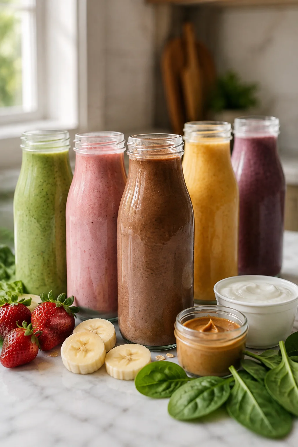Colorful high protein breakfast smoothies arranged on a bright kitchen counter with fresh fruits, Greek yogurt, and nut butters nearby