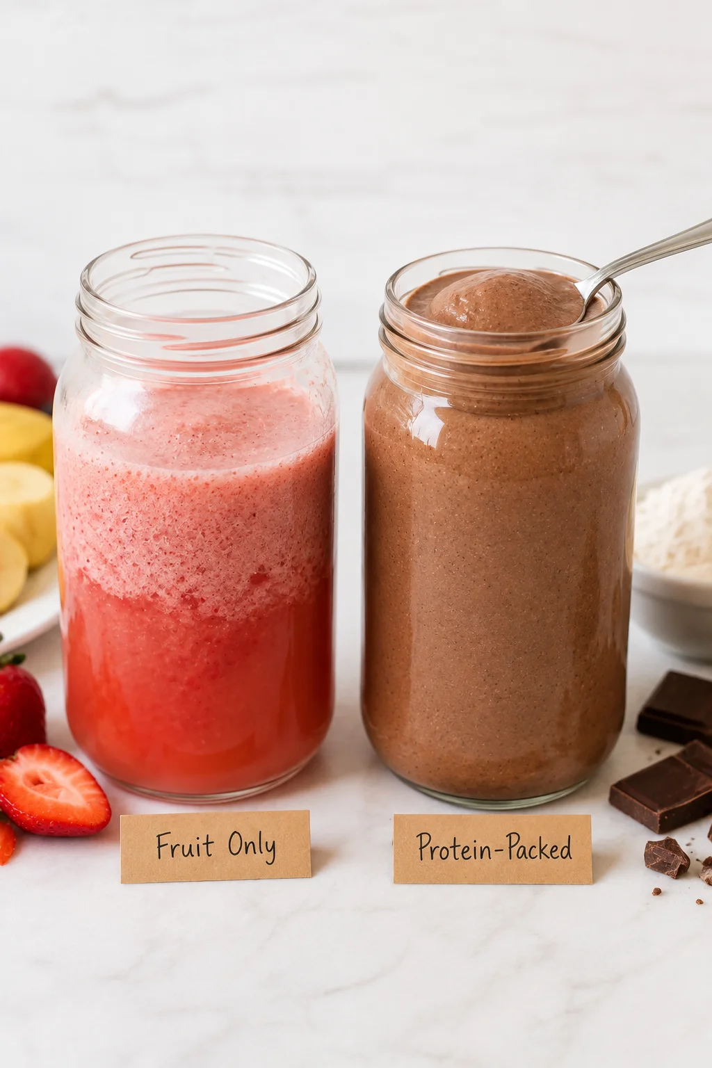 Side-by-side comparison of a thin fruit-only smoothie versus a thick protein-rich smoothie showing the difference in texture and fullness