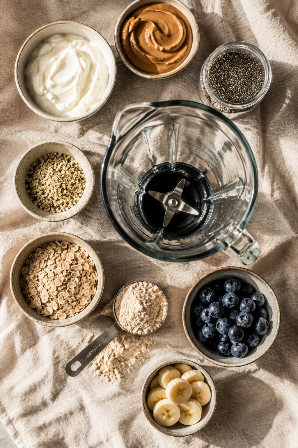 Flat lay of high protein smoothie ingredients including Greek yogurt, peanut butter jar, chia seeds, hemp seeds, rolled oats, and fresh berries arranged on a linen cloth