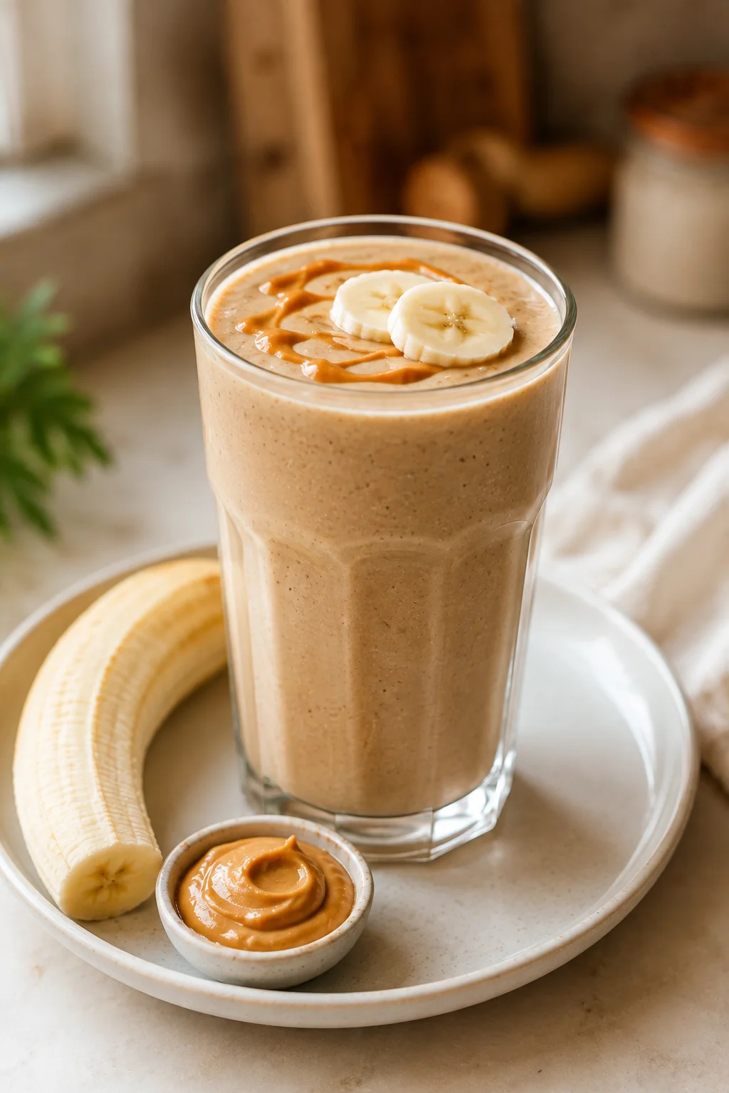 Creamy peanut butter banana protein smoothie in a tall glass topped with a drizzle of peanut butter and banana slices