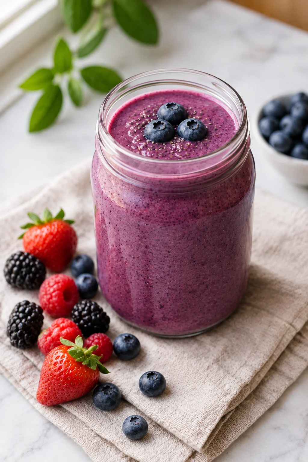Vibrant purple-pink Greek yogurt berry smoothie in a mason jar topped with fresh blueberries and a sprinkle of chia seeds
