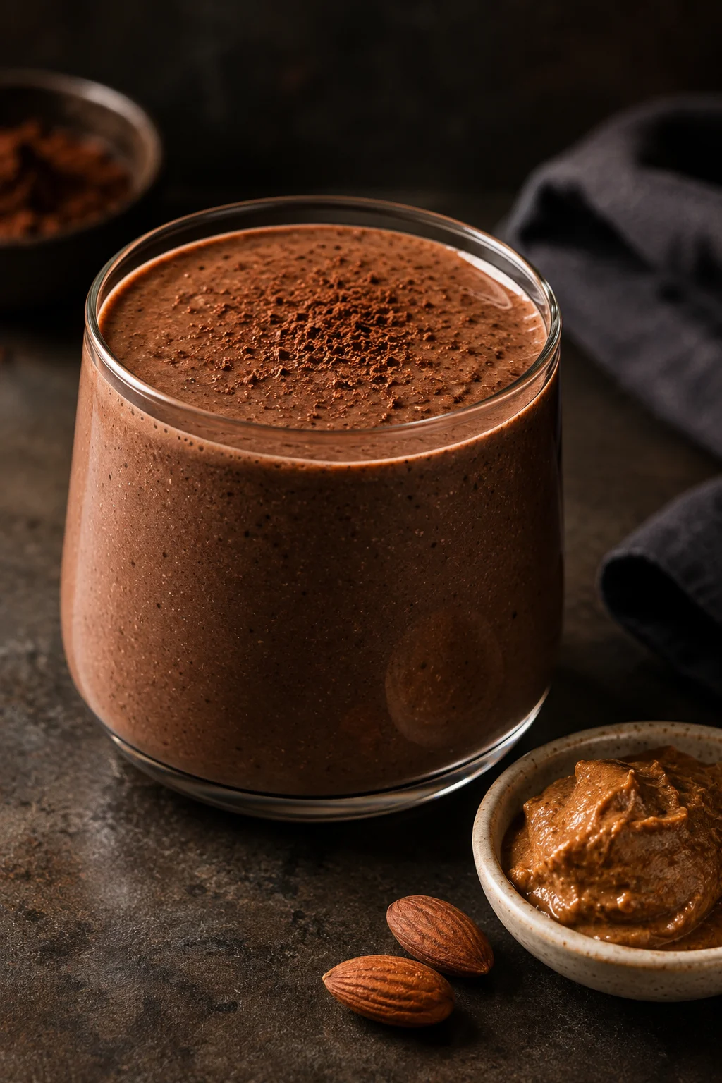Rich chocolate almond butter protein smoothie in a glass with a dusting of cocoa powder on top