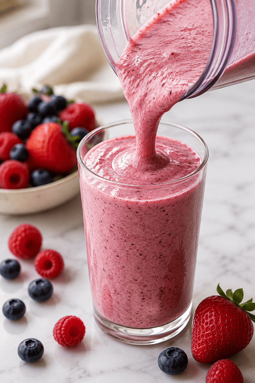 A blender filled with a vibrant triple berry smoothie being poured into a clear glass, berries visible nearby.