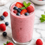 A tall glass of triple berry Greek yogurt smoothie topped with fresh strawberries, blueberries, raspberries and a mint sprig on a bright marble countertop.
