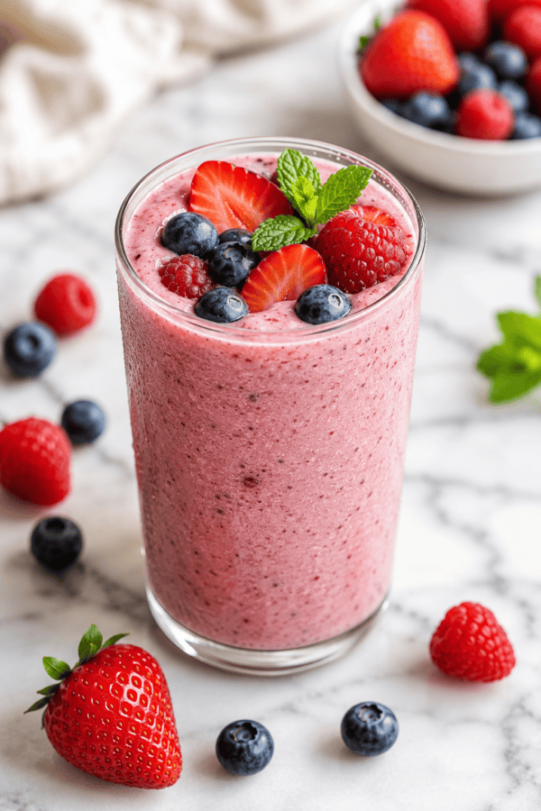 A tall glass of triple berry Greek yogurt smoothie topped with fresh strawberries, blueberries, raspberries and a mint sprig on a bright marble countertop.