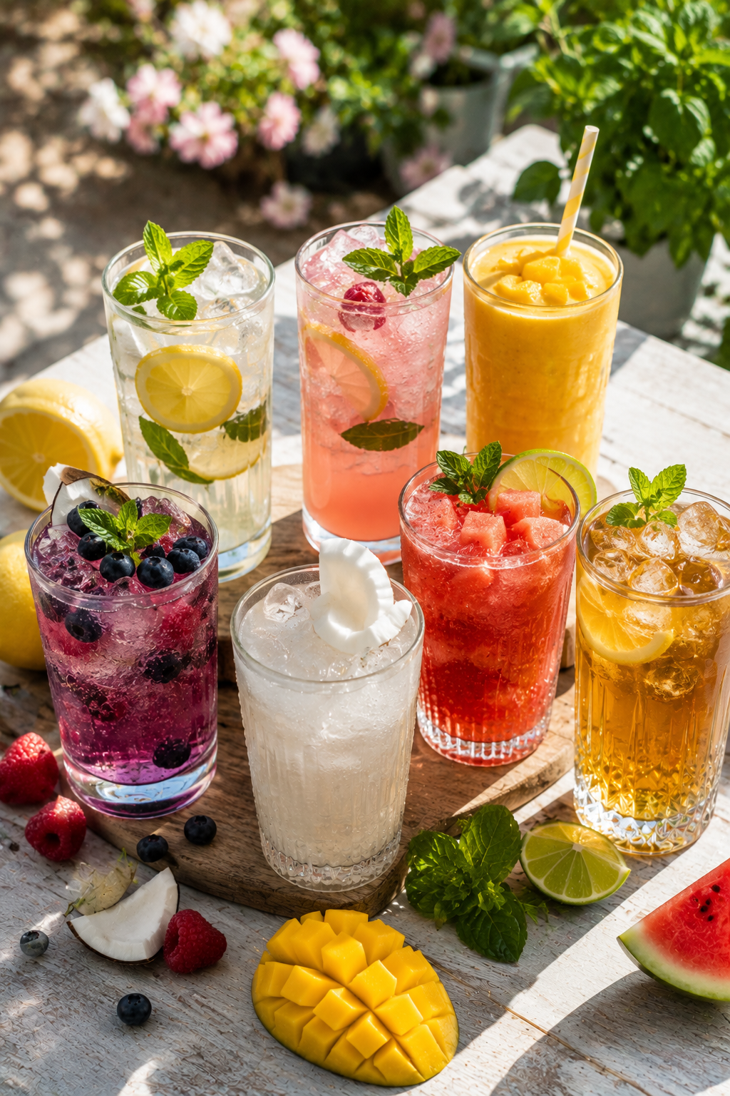 Bright flat lay of fresh summer fruit, herbs, citrus, and glass pitchers on a light kitchen counter.