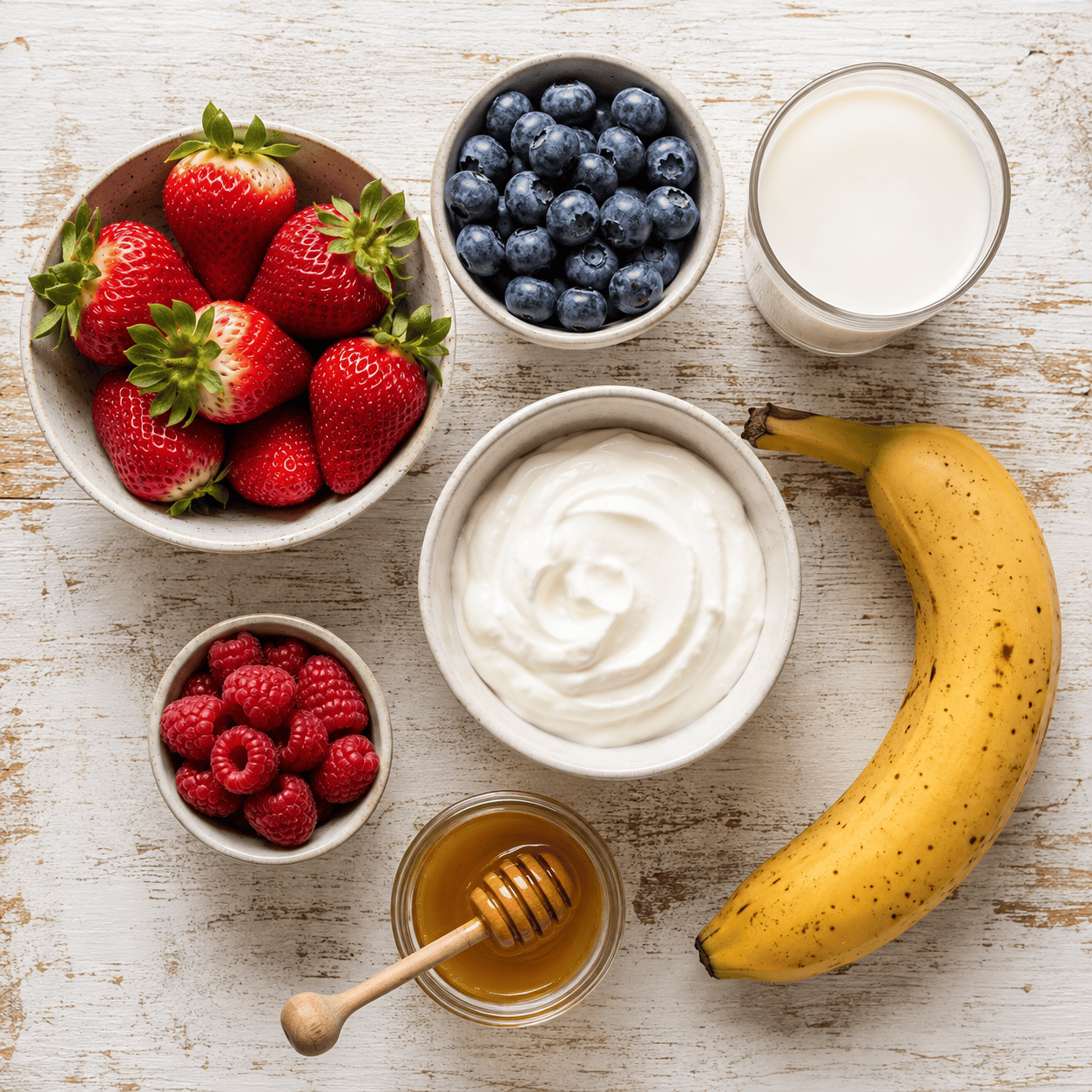 Flat lay of fresh strawberries, blueberries, raspberries, a bowl of Greek yogurt, a glass of milk, a banana, and honey on a rustic wooden board.