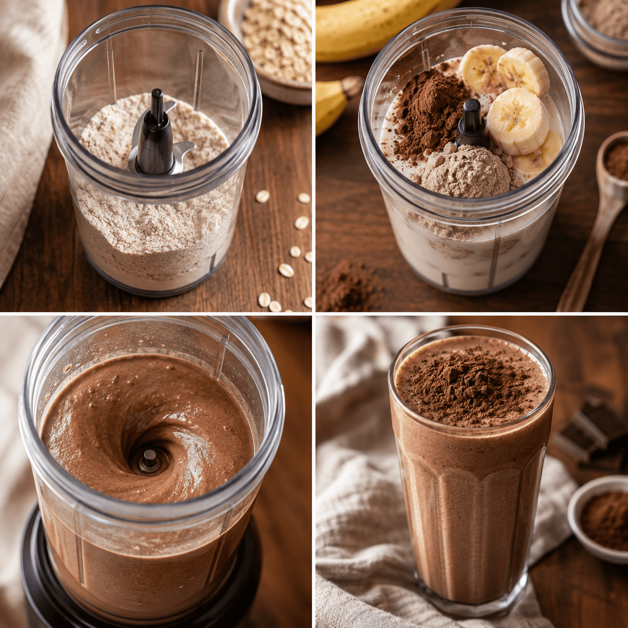 Four-panel step collage: grinding oats in a blender, adding chocolate ingredients, blending into a creamy swirl, and the finished smoothie dusted with cocoa.