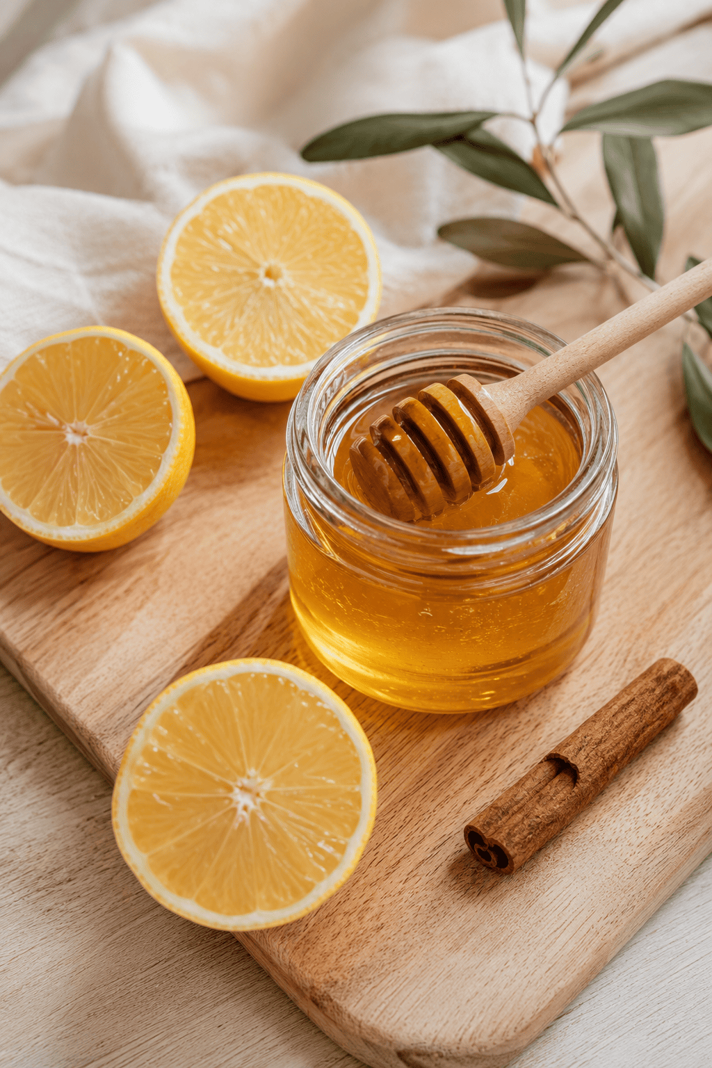 Fresh lemon halves, a small jar of honey, and a cinnamon stick on a wooden cutting board