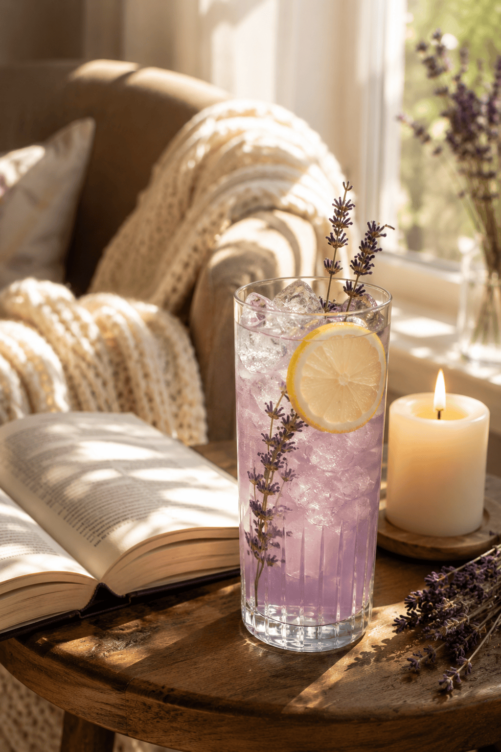 A glass of lavender lemonade beside an open book, a lit candle, and a cozy knit blanket in a sunny corner
