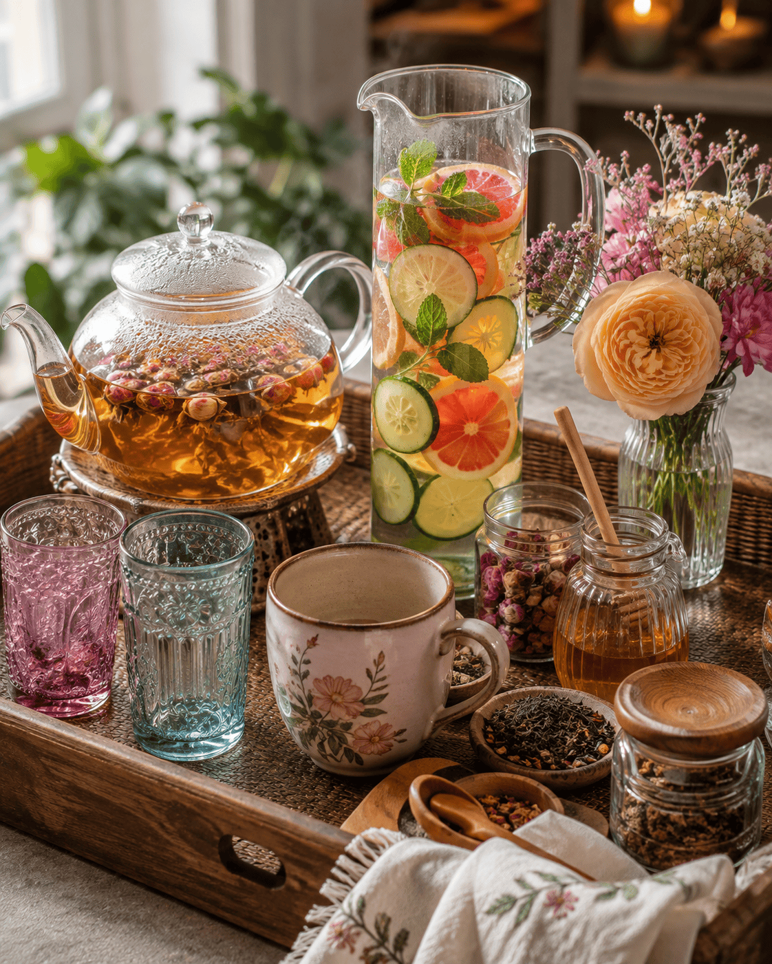 Cozy home drink station with a glass teapot, infused water pitcher, ceramic mug, and colorful glasses on a wooden tray