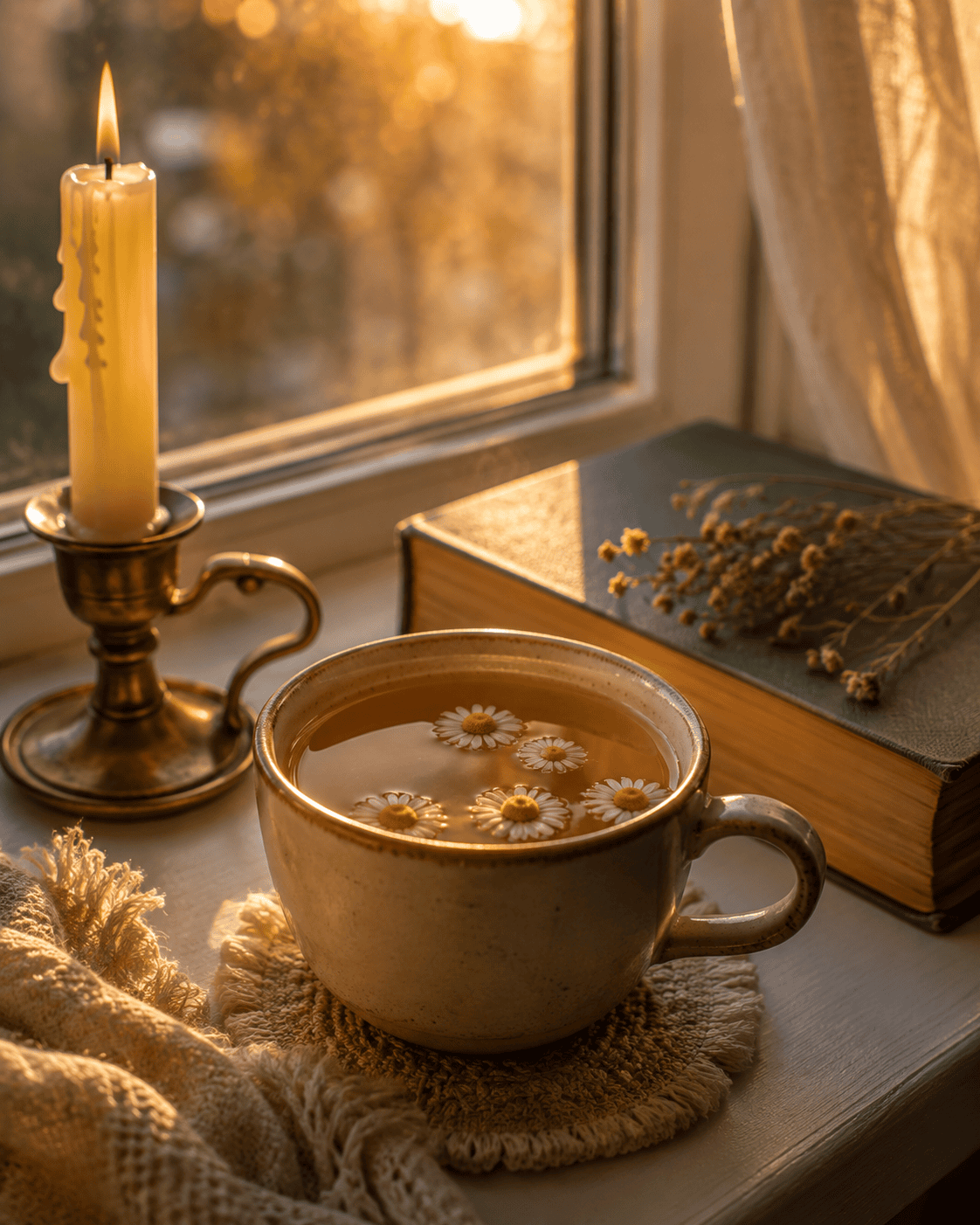 A mug of chamomile tea beside a lit candle and a closed book near a window in warm golden evening light