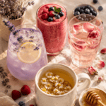 Homemade relaxation drinks for moms including lavender lemonade, chamomile honey tea, a berry smoothie, and rose water on a linen table