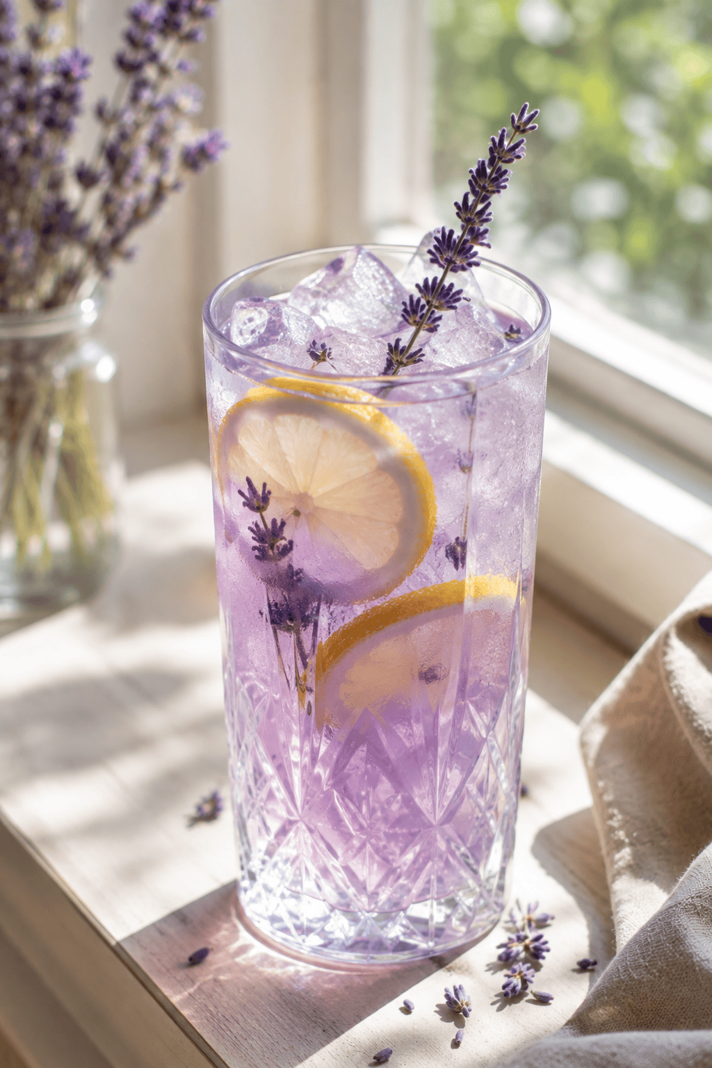 Iced lavender lemonade garnished with lemon slices and a fresh lavender sprig beside a sunny window