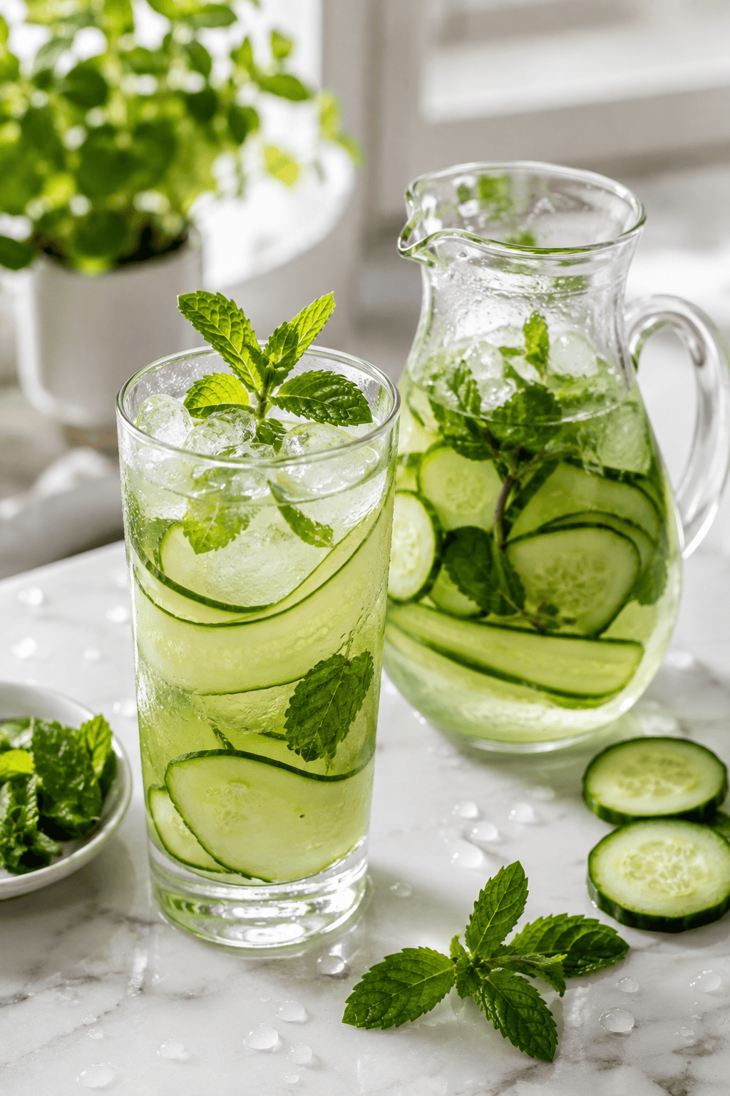 Cucumber mint cooler with cucumber ribbons and fresh mint in a tall glass beside a small glass pitcher