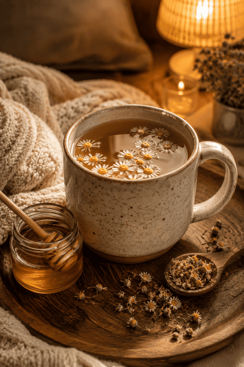 Warm mug of chamomile tea with a honey dipper and small jar of honey on a wooden tray beside a cozy blanket