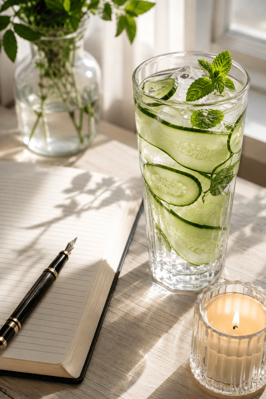 A glass of cucumber water beside an open journal and a small lit candle on a bright kitchen table