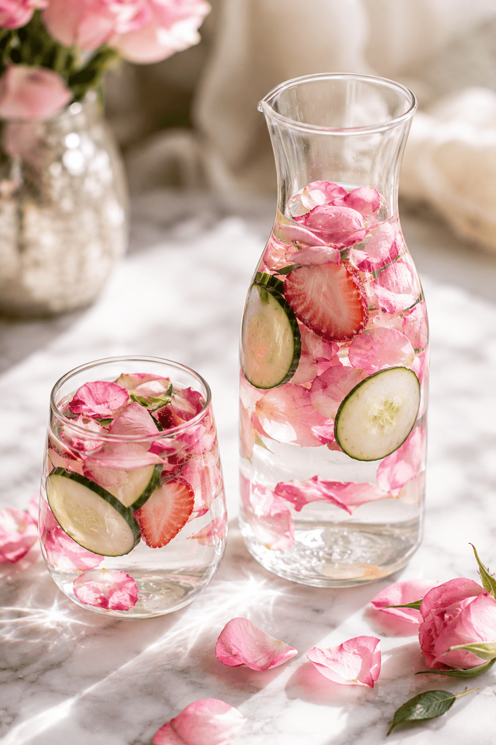 Rose infused water with rose petals, cucumber slices, and a strawberry in a glass on a white marble surface