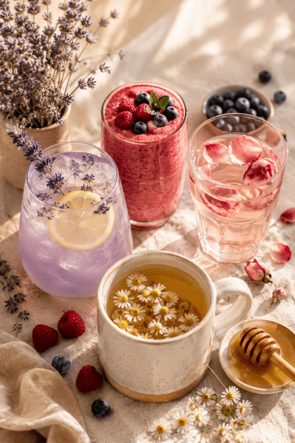 Homemade relaxation drinks for moms including lavender lemonade, chamomile honey tea, a berry smoothie, and rose water on a linen table
