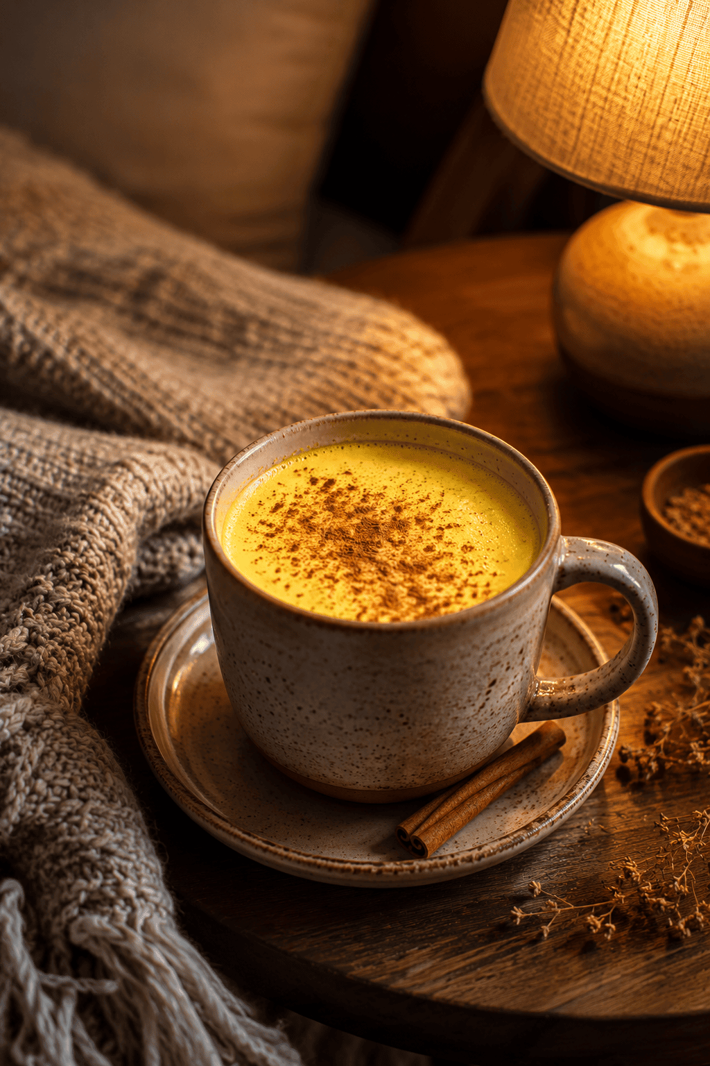 Golden turmeric ginger latte with a cinnamon sprinkle in an oversized mug beside a cozy blanket and warm lamp light